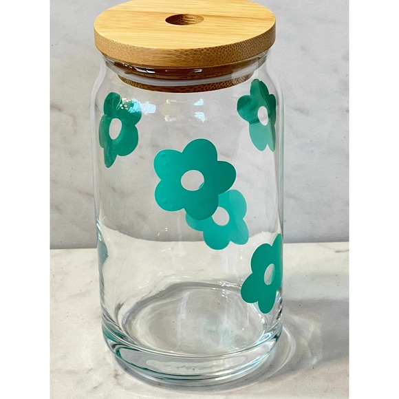 16 oz Glass Beer Can Aqua Flower Cold Brew Cup - Picture 4 of 8